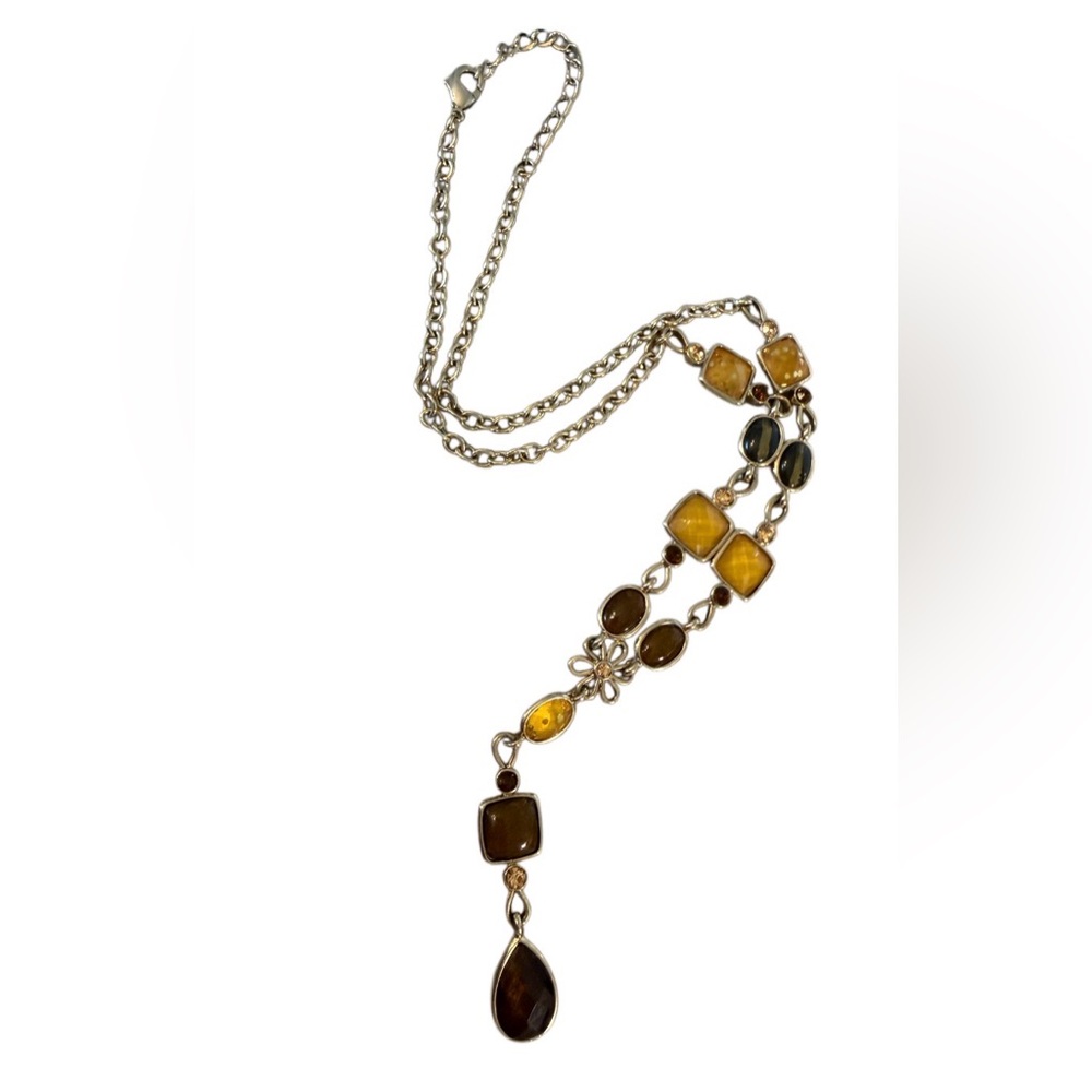 #657 Gold-Tone Multi-Stone Pendant‎ Y-Necklace - Amber Brown Honey Accents